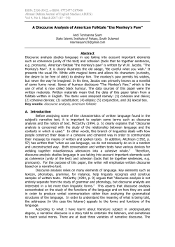 A Discourse Analysis of American Folktale &ldquo;the Monkey`s Paw&rdquo;