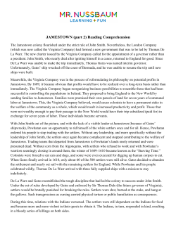 JAMESTOWN (part 2) Reading Comprehension
