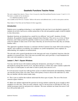 Quadratic Functions Teacher Notes