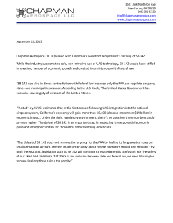 Chapman Aerospace is pleased with California SB142 Vetoed