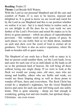 Reading: Psalm 23 Theme: Led Beside Still Waters. With the Lord as