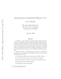 Innovations in Statistical Physics V1.2 arXiv