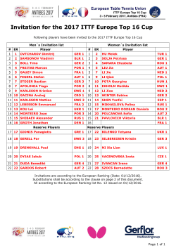 Invitation for the 2017 ITTF Europe Top 16 Cup
