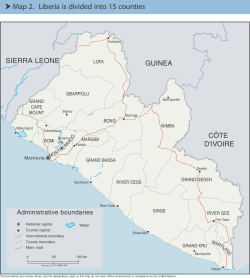 Map 2. Liberia is divided into 15 counties