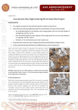 Inca Secures New High Grade Ag-Pb-Zn Santa Rita Project