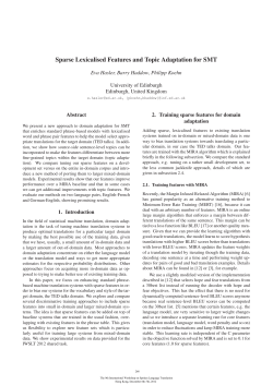 Sparse lexicalised features and topic adaptation for SMT
