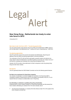 New Hong Kong - Netherlands tax treaty to enter into force in 2012