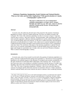 Stationary Population, Immigration, Social Cohesion and