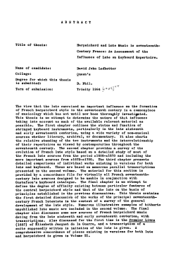 ABSTRACT Title of thesis: Harpsichord and Lute Music in