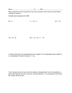 Simplify each expression for n=5 8n + 2 2 &mdash; 2n + n 5     + 12 19&mdash; 3n