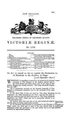 33 and 34 Victoriae 1870 No 57 Otago Hundreds Regulation