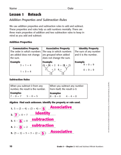 Lesson 1 Reteach Associative Identity subtraction subtraction