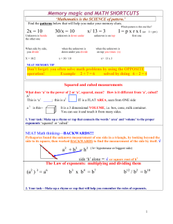 Memory magic and MATH SHORTCUTS 2x = 10 30/x = 10 x/ 13 = 3 I