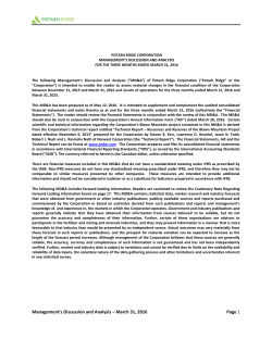 Management`s Discussion and Analysis &ndash; March 31, 2016 Page 1