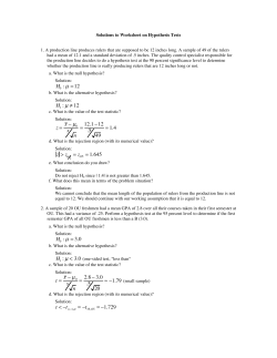 Solutions to Worksheet on Hypothesis Tests