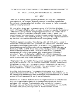 TESTIMONY BEFORE PENNSYLVANIA HOUSE GAMING