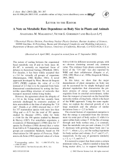 A Note on Metabolic Rate Dependence on Body Size in Plants and
