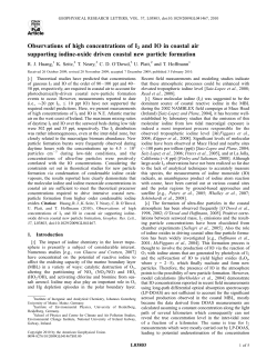 Observations of high concentrations of I2 and IO in coastal air