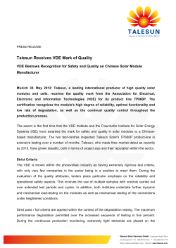 30/05/2012: Talesun Receives VDE Mark of Quality