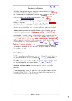 Introduction to Solutions Solubility the maximum amount of a solute