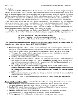June 1, 2016 Pre-AP English 3 Summer Reading Assignment Dear
