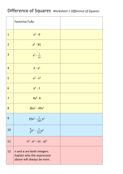 Difference of Squares Worksheet 1 Difference of Squares Factorise