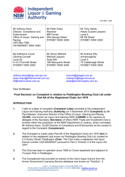 Final Decision on Complaint in relation to Paddington Bowling Club