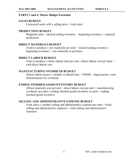 PARTS 3 and 4: Master Budget Formulas SALES BUDGET