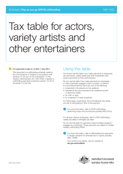 Tax table for actors, variety artists and other entertainers