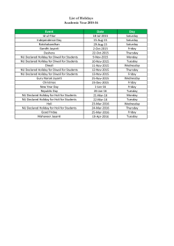 Event Date Day List of Holidays Academic Year 2015-16
