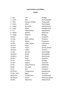 Latin Prefixes and Suffixes Health 1. Bio Life Biology 2. Derm Skin