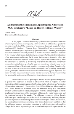 Apostrophic Address in WS Graham`s &ldquo;Lines on Roger Hilton`s Watch&rdquo;