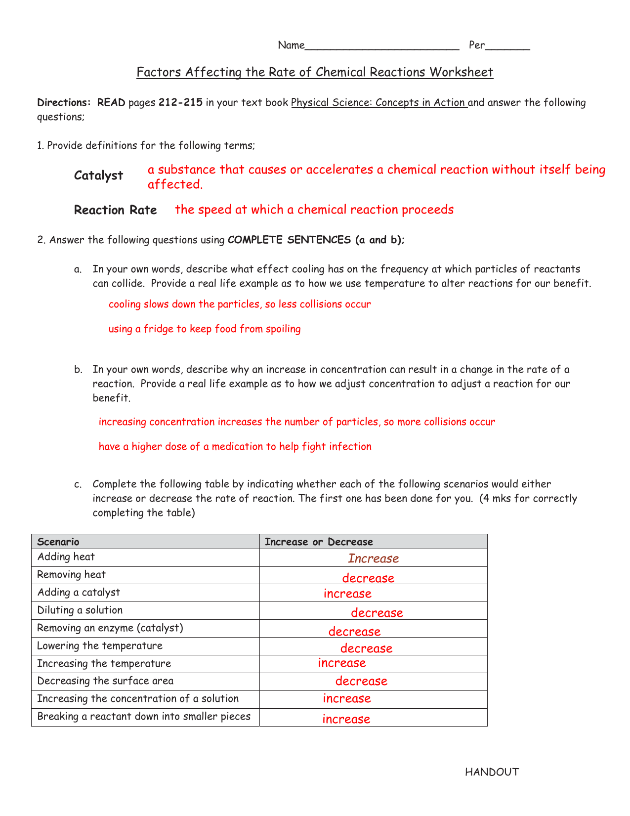 Factors Affecting the Rate of Chemical Reactions Worksheet Within Chemical Reactions Worksheet Answers