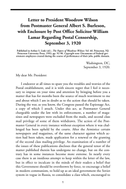 Letter to President Woodrow Wilson from Postmaster General Albert