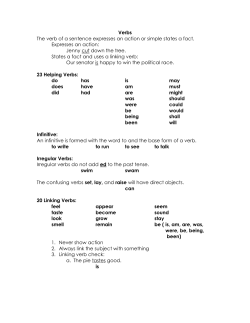 Verbs The verb of a sentence expresses an action or simple states a