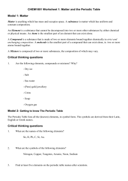 CHEM1001 Worksheet 1: Matter and the Periodic Table