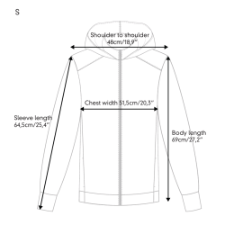 Shoulder to shoulder 48cm/18,9” Sleeve length 64,5cm/25,4”