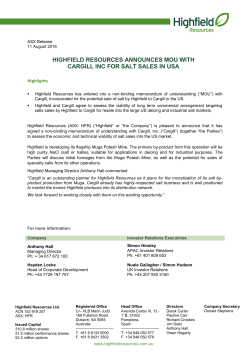 highfield resources announces mou with cargill inc for salt sales in usa