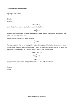 Question #37867, Math, Algebra logx-log3=1 solve for x Solution We