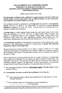 USA PATRIOT ACT CERTIFICATION