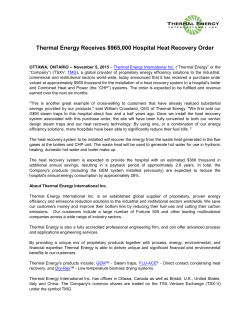 Thermal Energy Receives $965,000 Hospital Heat Recovery Order