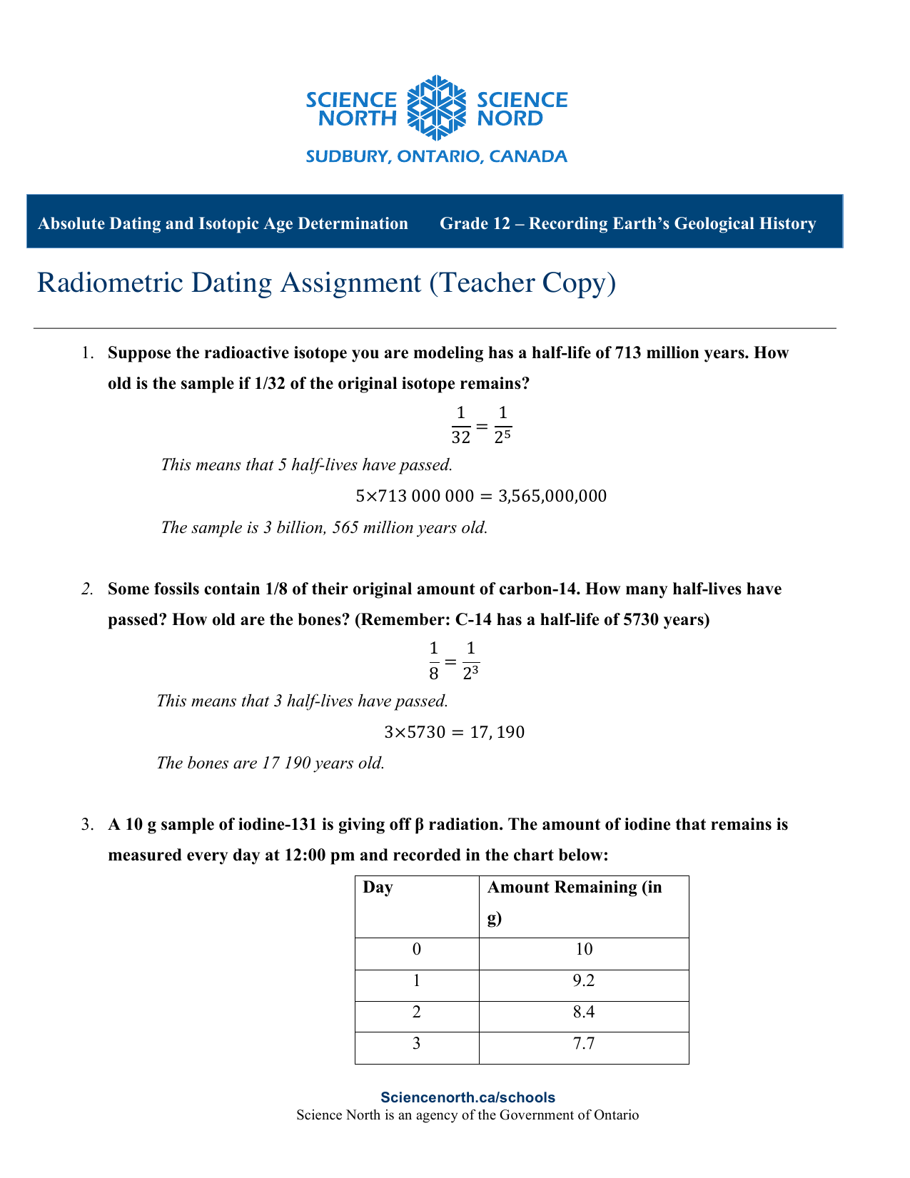 Radiometric Dating Assignment (Teacher Copy)