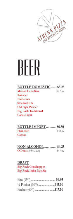 BOTTLE DOMESTIC ....... $5.25 BOTTLE IMPORT ............$6.50 NON