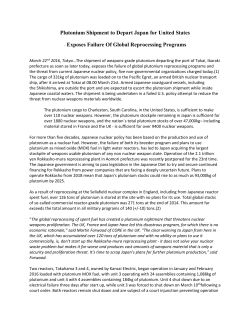Plutonium Shipment to Depart Japan for United States