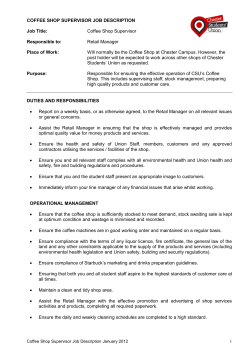 COFFEE SHOP SUPERVISOR JOB DESCRIPTION Job Title: Coffee