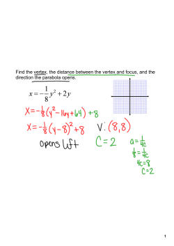 Find the vertex, the distance between the vertex and focus, and the