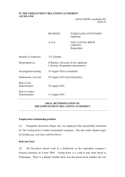 IN THE EMPLOYMENT RELATIONS AUTHORITY AUCKLAND