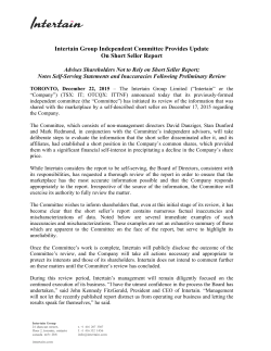 Intertain Group Independent Committee Provides Update On Short