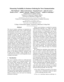 Measuring Variability in Sentence Ordering for News Summarization