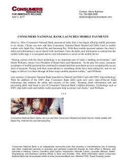 CONSUMERS NATIONAL BANK LAUNCHES MOBILE PAYMENTS